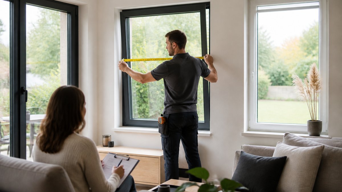 Un expert prend les mesures d'une fenêtre pour une installation stores domicile précise et sur mesure.