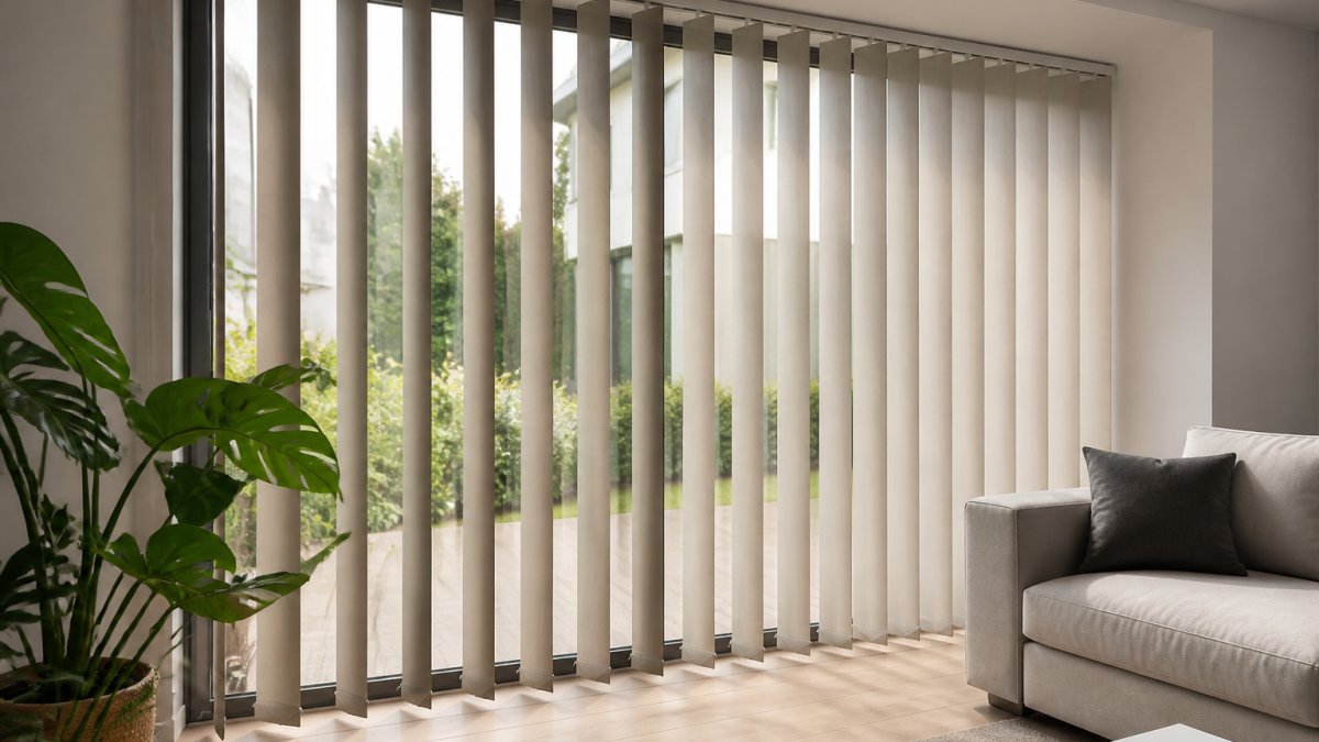 Salon lumineux doté d'un store californien aux lames verticales filtrant une lumière douce sur le mobilier.
