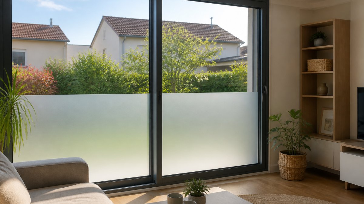 Living room window with natural daylight streaming through, showing garden view and neighboring houses, illustrating the daytime privacy challenge with semi-transparent glass treatment