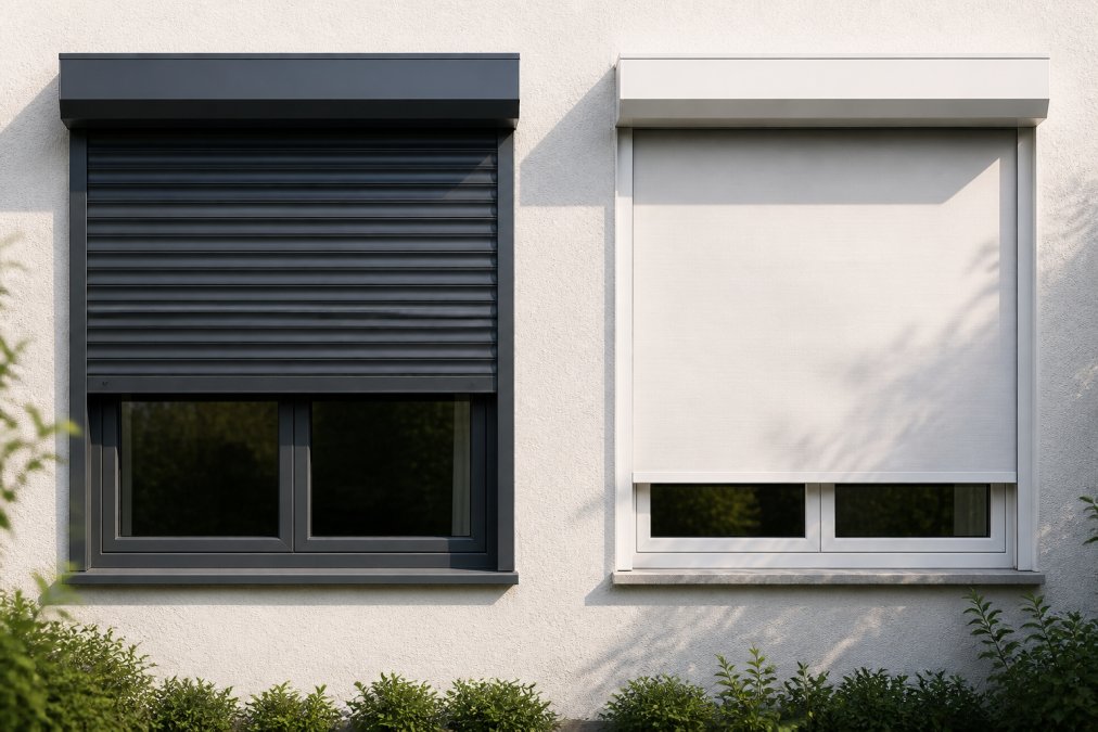 Comparaison entre store extérieur et intérieur pour réduire facture chauffage avec stores sur-mesure en plein soleil.
