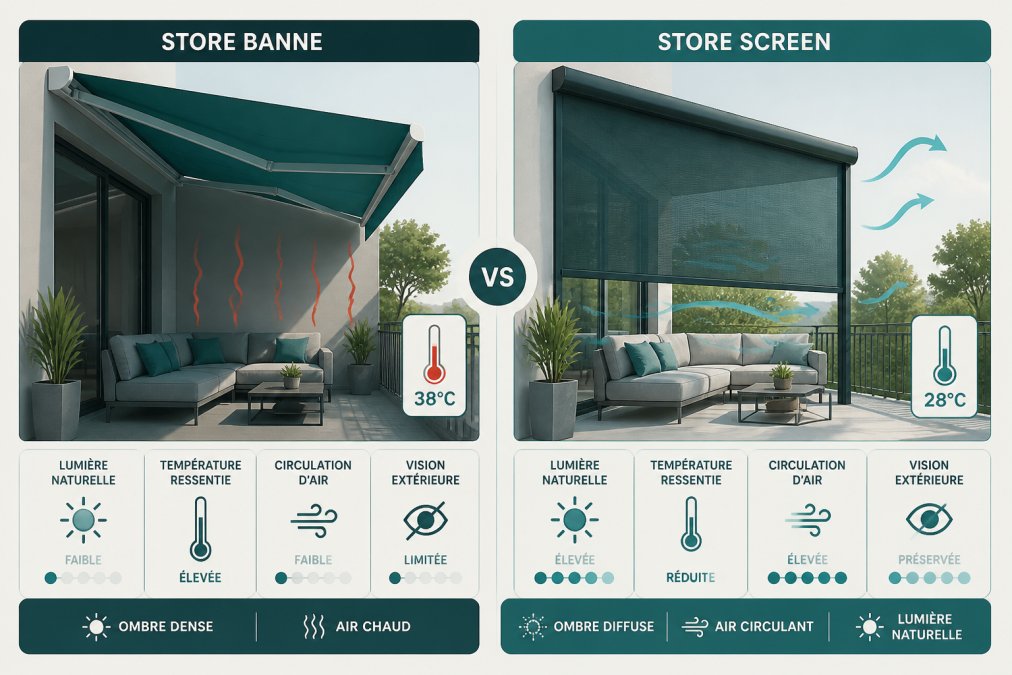 Comparaison entre un store banne et nos stores screen extérieurs pour terrasse offrant une luminosité naturelle.